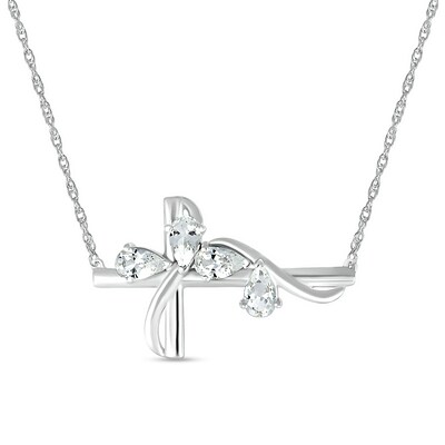 Pear-Shaped White Lab-Created Sapphire Four Stone Scatter with Ribbon Overlay Sideways Cross Necklace in Sterling Silver