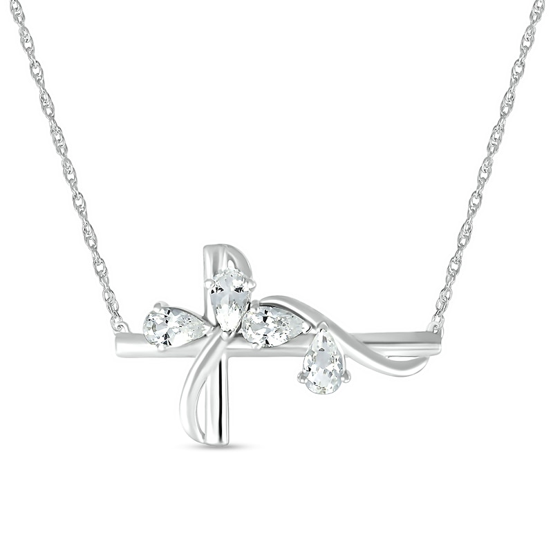 Pear-Shaped White Lab-Created Sapphire Four Stone Scatter with Ribbon Overlay Sideways Cross Necklace in Sterling Silver