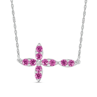Pink Lab-Created Sapphire Duo Marquise Sideways Cross Necklace in Sterling Silver