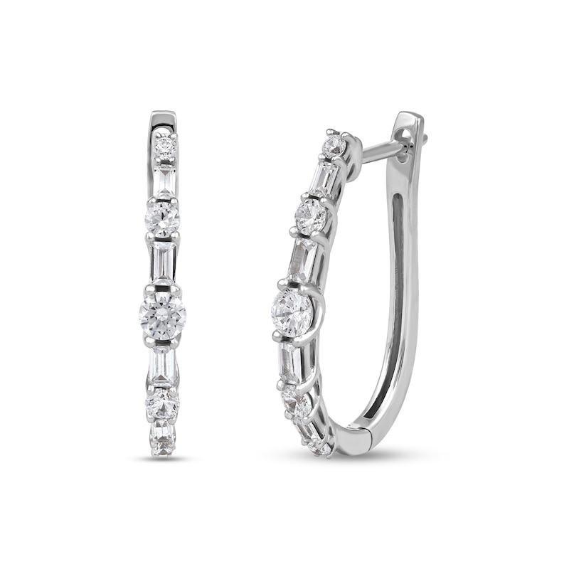 1.00 CT. T.W. Baguette and Round Diamond Alternating Oval Hoop Earrings in 10K Gold|Peoples Jewellers