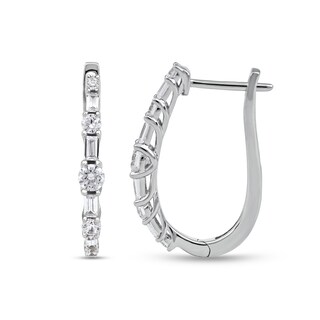 1.00 CT. T.W. Baguette and Round Diamond Alternating Oval Hoop Earrings in 10K Gold