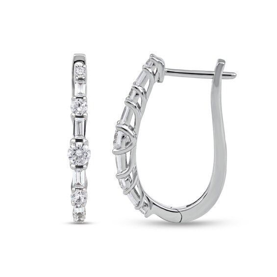 1.00 CT. T.W. Baguette and Round Diamond Alternating Oval Hoop Earrings in 10K Gold