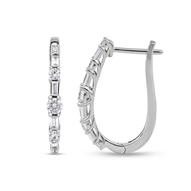 1.00 CT. T.W. Baguette and Round Diamond Alternating Oval Hoop Earrings in 10K Gold