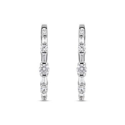 1.00 CT. T.W. Baguette and Round Diamond Alternating Oval Hoop Earrings in 10K Gold