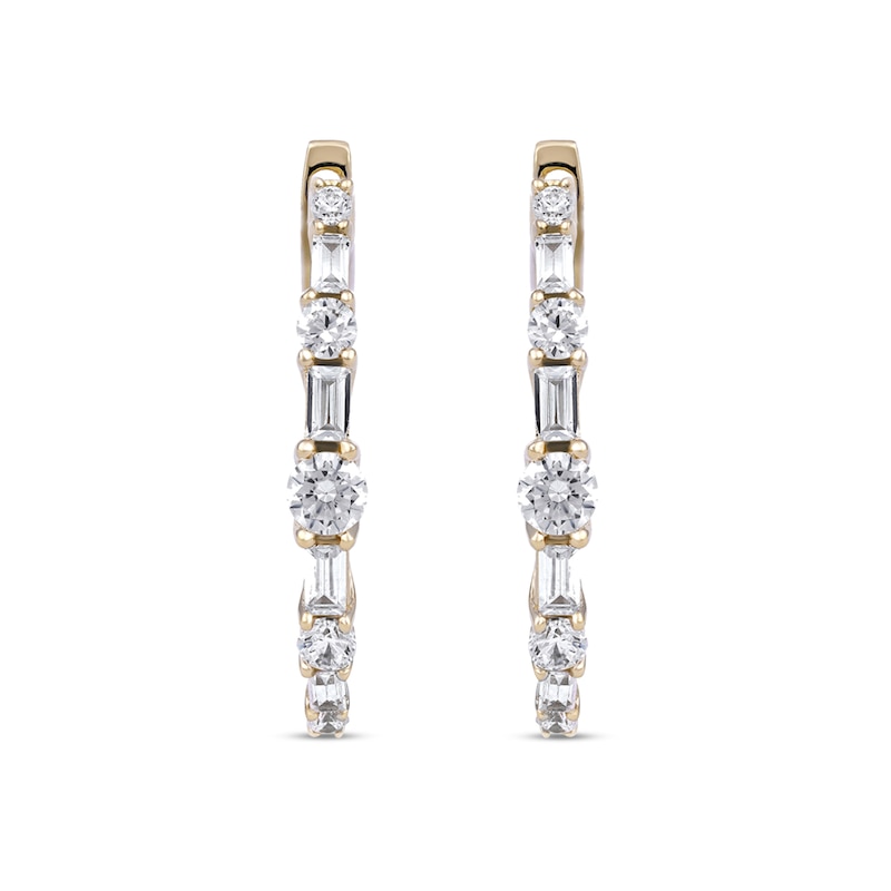 Main Image 3 of 1.00 CT. T.W. Baguette and Round Diamond Alternating Oval Hoop Earrings in 10K Gold