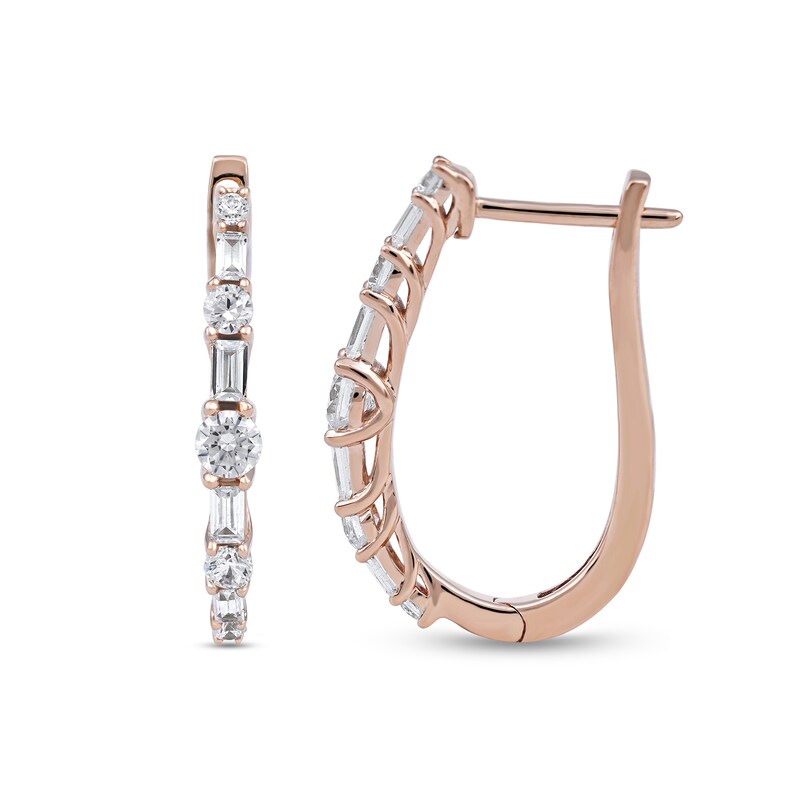 Main Image 2 of 1.00 CT. T.W. Baguette and Round Diamond Alternating Oval Hoop Earrings in 10K Rose Gold