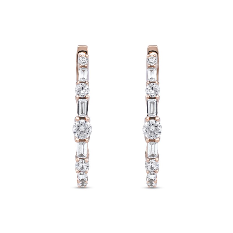 Main Image 3 of 1.00 CT. T.W. Baguette and Round Diamond Alternating Oval Hoop Earrings in 10K Rose Gold
