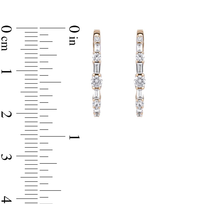 Main Image 4 of 1.00 CT. T.W. Baguette and Round Diamond Alternating Oval Hoop Earrings in 10K Rose Gold