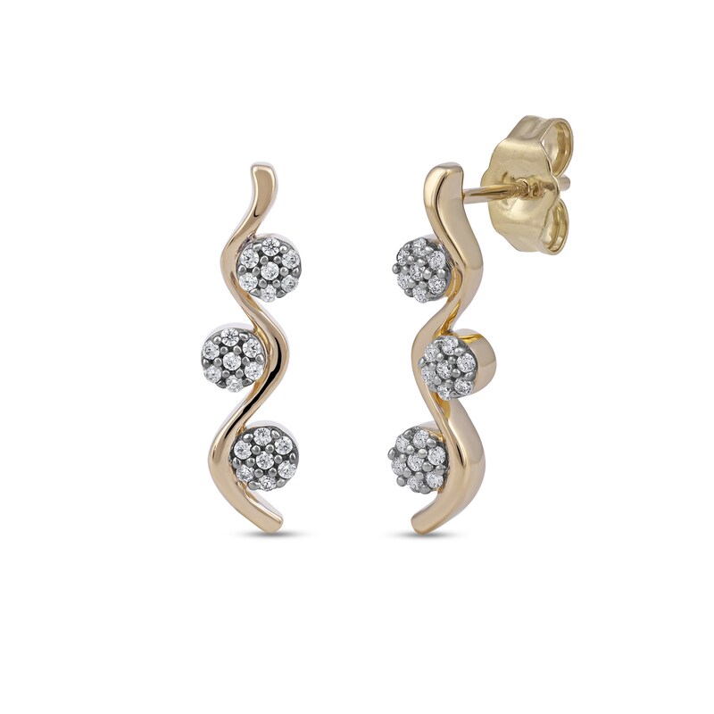 Main Image 1 of 0.15 CT. T.W. Multi-Diamond Three Stone Linear Wave Drop Earrings in 10K Gold