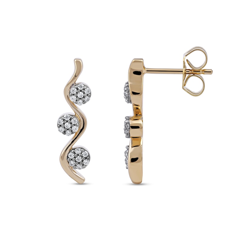 Main Image 2 of 0.15 CT. T.W. Multi-Diamond Three Stone Linear Wave Drop Earrings in 10K Gold