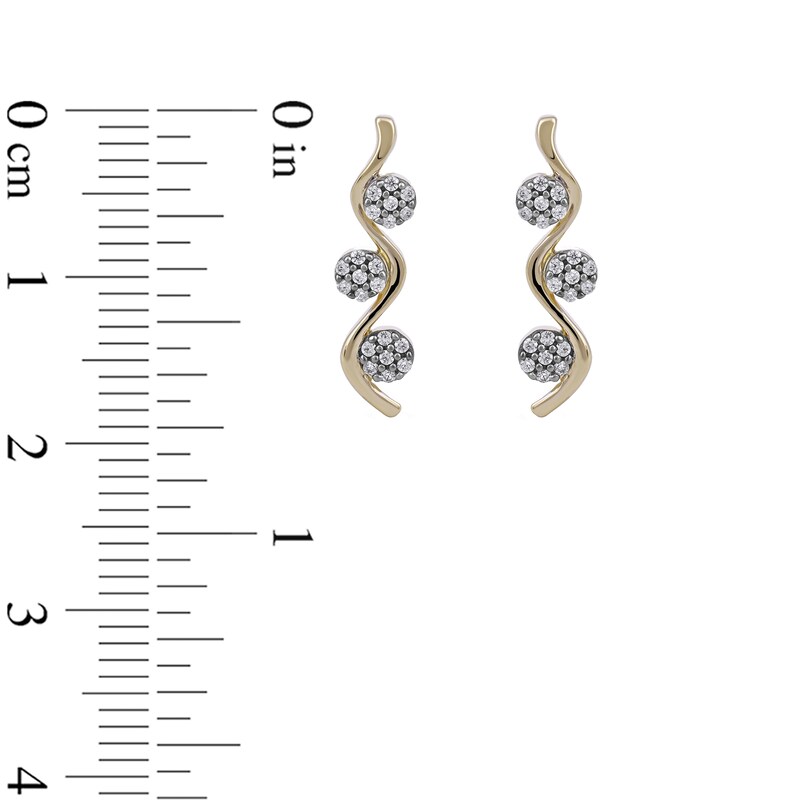 Main Image 4 of 0.15 CT. T.W. Multi-Diamond Three Stone Linear Wave Drop Earrings in 10K Gold