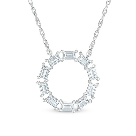 Baguette White Lab-Created Sapphire Geometric Open Circle Necklace in Sterling Silver