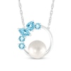 Thumbnail Image 1 of 7.0mm Freshwater Cultured Pearl and Multi-Shaped Swiss Blue Topaz Scatter Open Circle Necklace in Sterling Silver