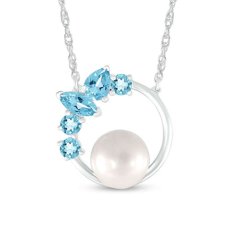 7.0mm Freshwater Cultured Pearl and Multi-Shaped Swiss Blue Topaz Scatter Open Circle Necklace in Sterling Silver
