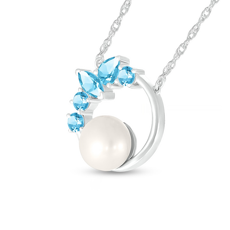Main Image 2 of 7.0mm Freshwater Cultured Pearl and Multi-Shaped Swiss Blue Topaz Scatter Open Circle Necklace in Sterling Silver