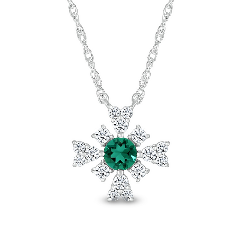 4.0mm Lab-Created Emerald and White Lab-Created Sapphire Frame Floral Necklace in Sterling Silver