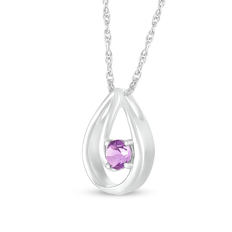 Main Image 2 of 4.0mm Amethyst Solitaire Swirl Ribbon Open Teardrop Pendant in 10K White Gold