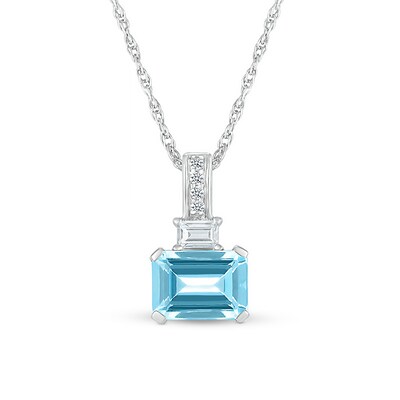 Emerald-Cut Swiss Blue Topaz and Baguette and Round White Lab-Created Sapphire Stacked Pendant in Sterling Silver