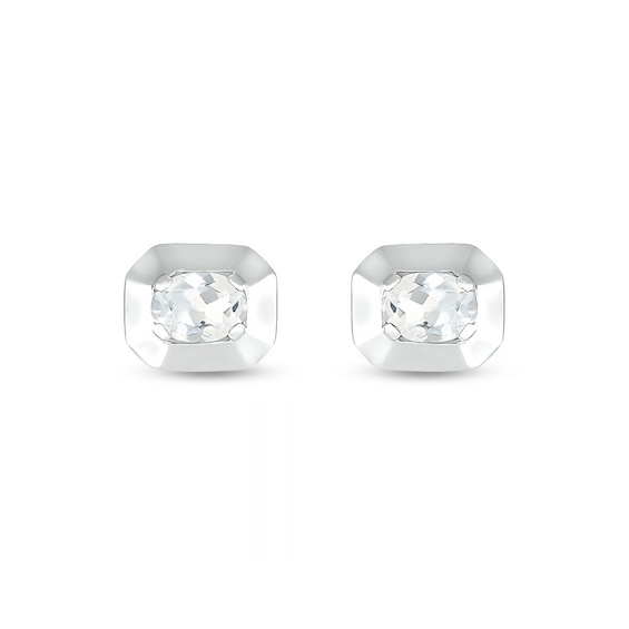 Oval Lab-Created Sapphire Solitaire Octagonal Frame Stud Earrings in Sterling Silver
