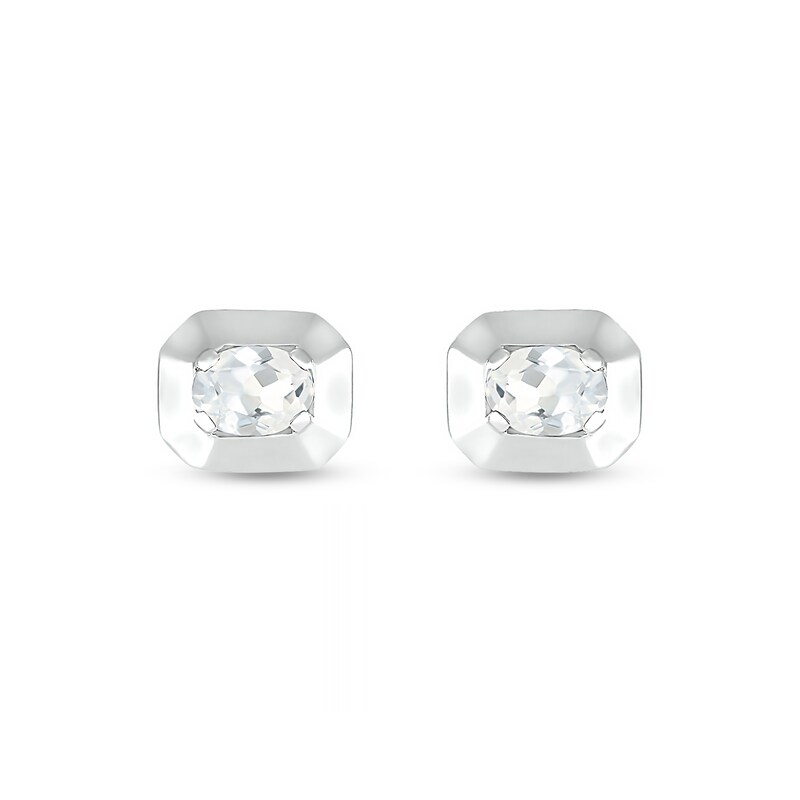 Oval Lab-Created Sapphire Solitaire Octagonal Frame Stud Earrings in Sterling Silver