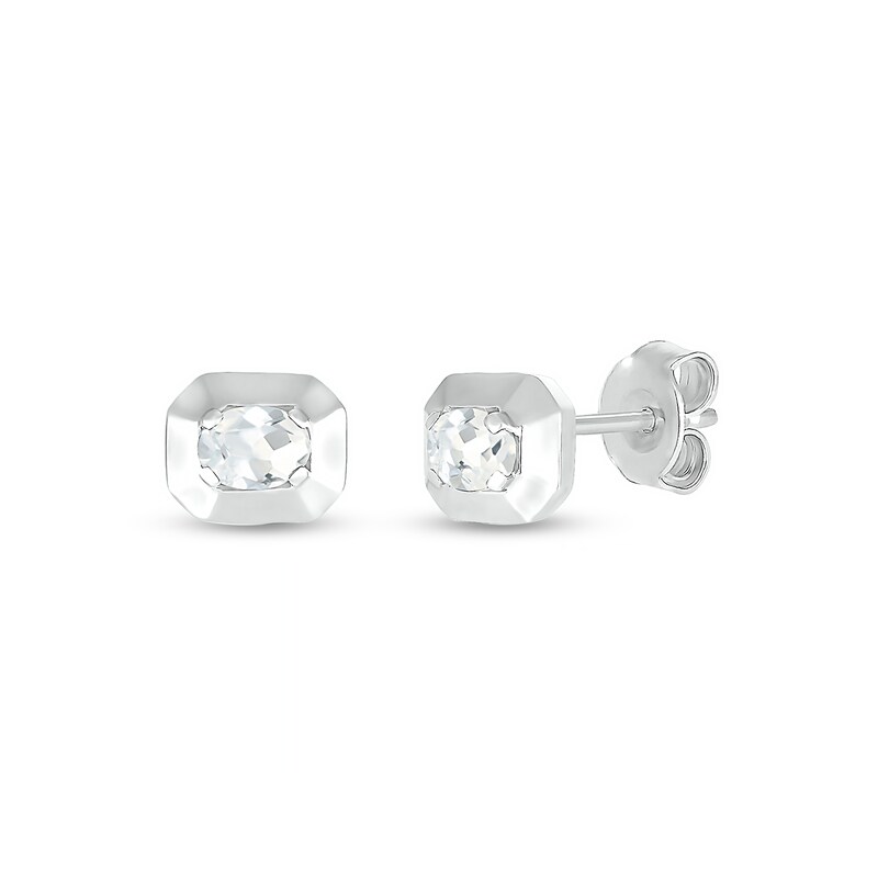 Main Image 2 of Oval White Lab-Created Sapphire Solitaire Octagonal Frame Stud Earrings in Sterling Silver