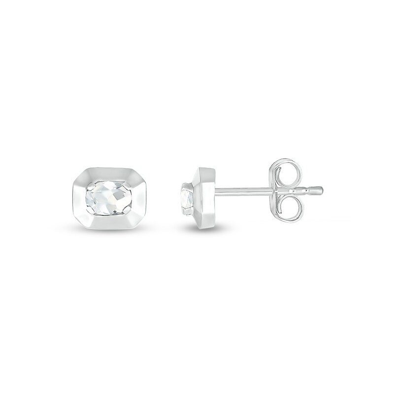Main Image 3 of Oval White Lab-Created Sapphire Solitaire Octagonal Frame Stud Earrings in Sterling Silver