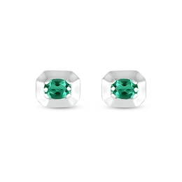 Oval Lab-Created Emerald Solitaire Octagonal Frame Stud Earrings in Sterling Silver
