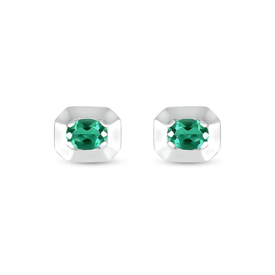 Oval Lab-Created Emerald Solitaire Octagonal Frame Stud Earrings in Sterling Silver