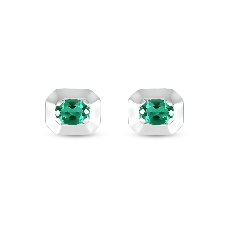 Main Image 1 of Oval Lab-Created Emerald Solitaire Octagonal Frame Stud Earrings in Sterling Silver