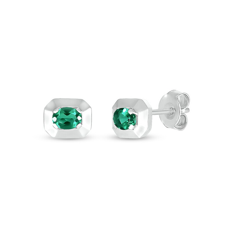 Main Image 2 of Oval Lab-Created Emerald Solitaire Octagonal Frame Stud Earrings in Sterling Silver