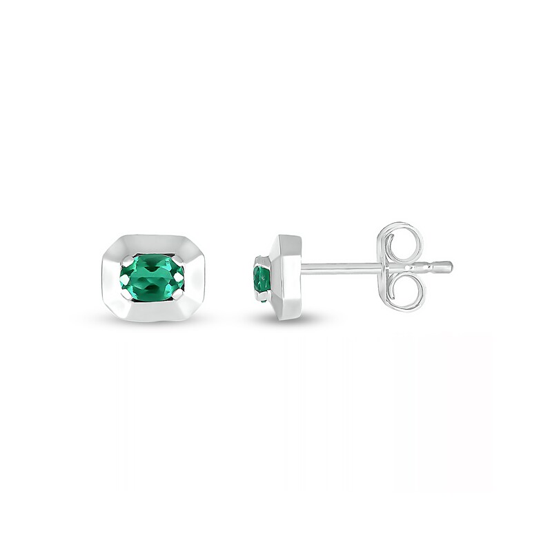 Main Image 3 of Oval Lab-Created Emerald Solitaire Octagonal Frame Stud Earrings in Sterling Silver