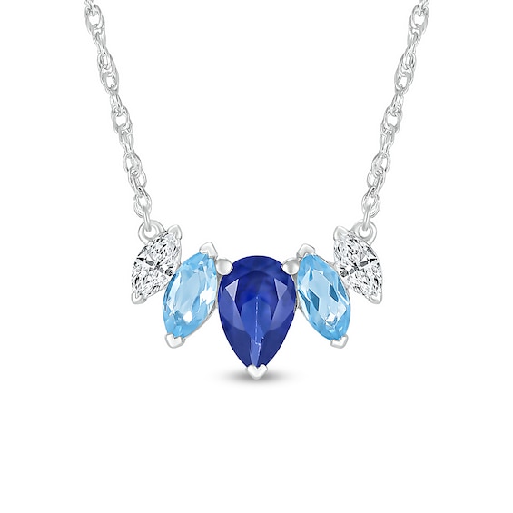 Pear-Shaped Blue and White Lab-Created Sapphire with Marquise Swiss Blue Topaz Five Stone Necklace in Sterling Silver