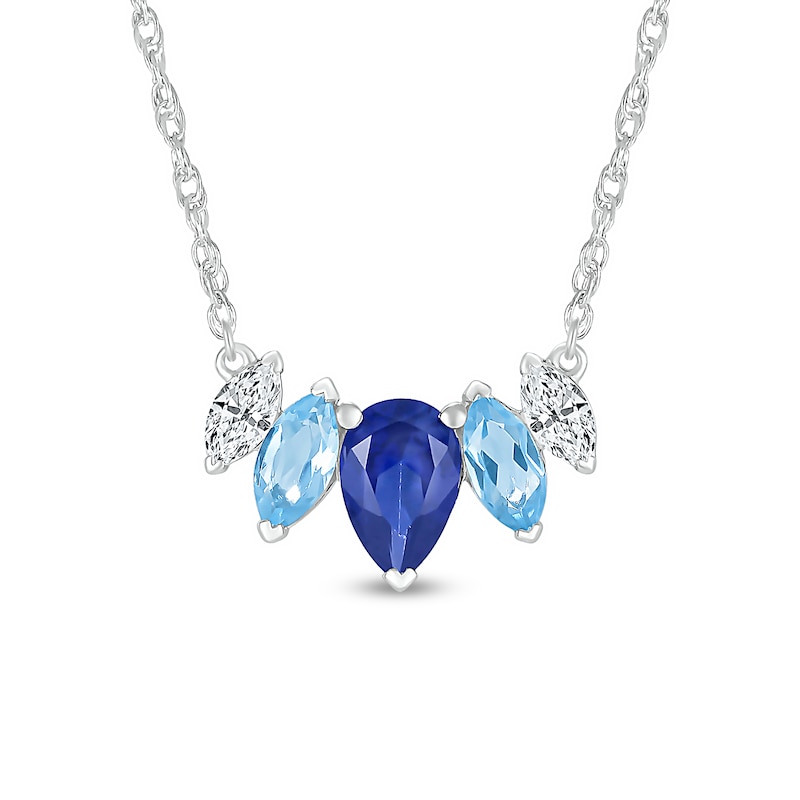 Pear-Shaped Blue and White Lab-Created Sapphire with Marquise Swiss Blue Topaz Five Stone Necklace in Sterling Silver