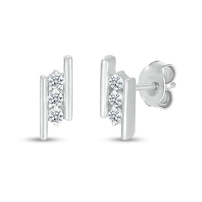 White Lab-Created Sapphire Three Stone Border Slant Bar Stud Earrings in Sterling Silver