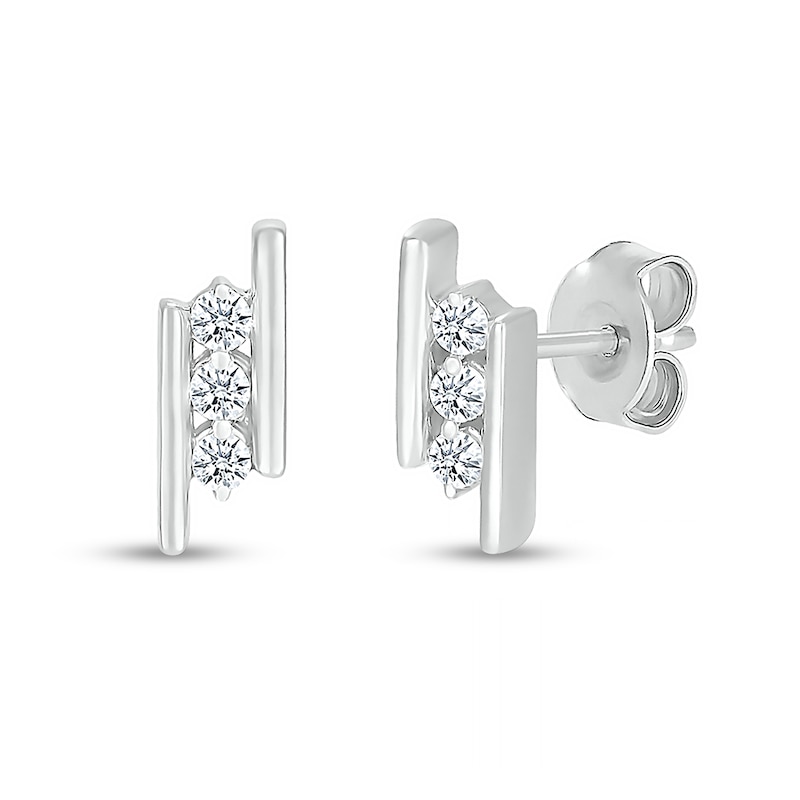 White Lab-Created Sapphire Three Stone Border Slant Bar Stud Earrings in Sterling Silver|Peoples Jewellers