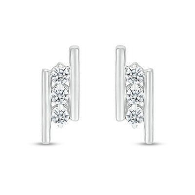 White Lab-Created Sapphire Three Stone Border Slant Bar Stud Earrings in Sterling Silver