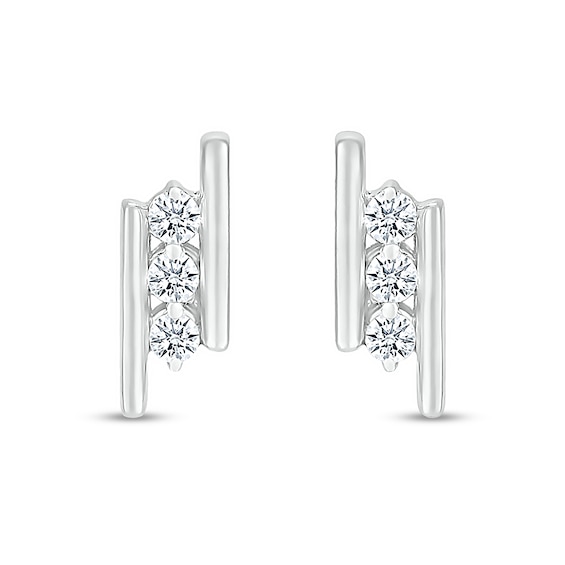 White Lab-Created Sapphire Three Stone Border Slant Bar Stud Earrings in Sterling Silver
