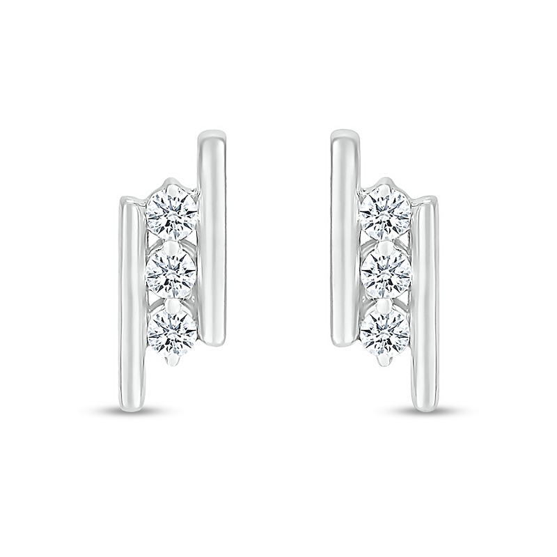 White Lab-Created Sapphire Three Stone Border Slant Bar Stud Earrings in Sterling Silver