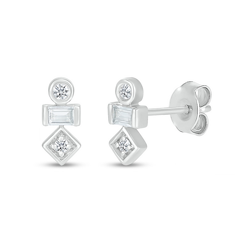 Baguette and Round White Lab-Created Sapphire Three Stone Stacked Geometric Stud Earrings in Sterling Silver|Peoples Jewellers