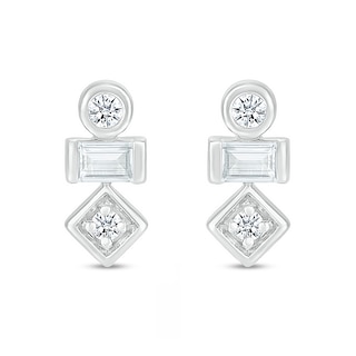 Baguette and Round White Lab-Created Sapphire Three Stone Stacked Geometric Stud Earrings in Sterling Silver