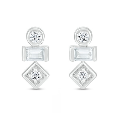 Baguette and Round White Lab-Created Sapphire Three Stone Stacked Geometric Stud Earrings in Sterling Silver