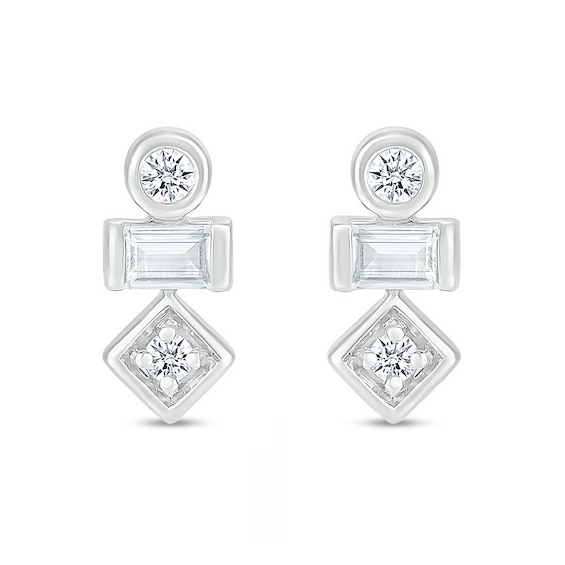 Baguette and Round White Lab-Created Sapphire Three Stone Stacked Geometric Stud Earrings in Sterling Silver
