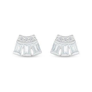 Baguette and Round White Lab-Created Sapphire Art Deco Curved Stud Earrings in Sterling Silver