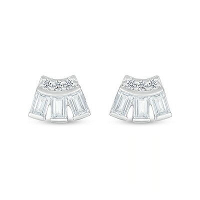 Baguette and Round White Lab-Created Sapphire Art Deco Curved Stud Earrings in Sterling Silver