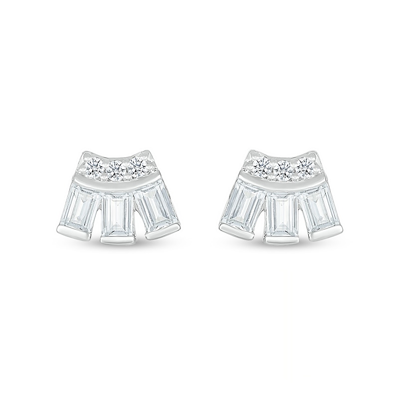 Baguette and Round White Lab-Created Sapphire Art Deco Curved Stud Earrings in Sterling Silver