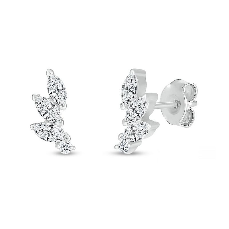 Marquise White Lab-Created Sapphire Three Stone Slant Curved Stud Earrings in Sterling Silver|Peoples Jewellers