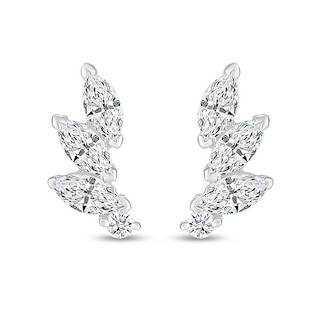 Marquise White Lab-Created Sapphire Three Stone Slant Curved Stud Earrings in Sterling Silver