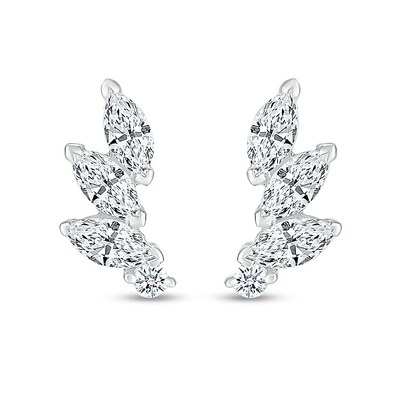 Marquise White Lab-Created Sapphire Three Stone Slant Curved Stud Earrings in Sterling Silver