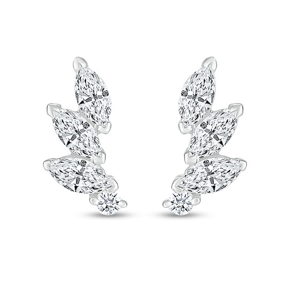 Marquise White Lab-Created Sapphire Three Stone Slant Curved Stud Earrings in Sterling Silver