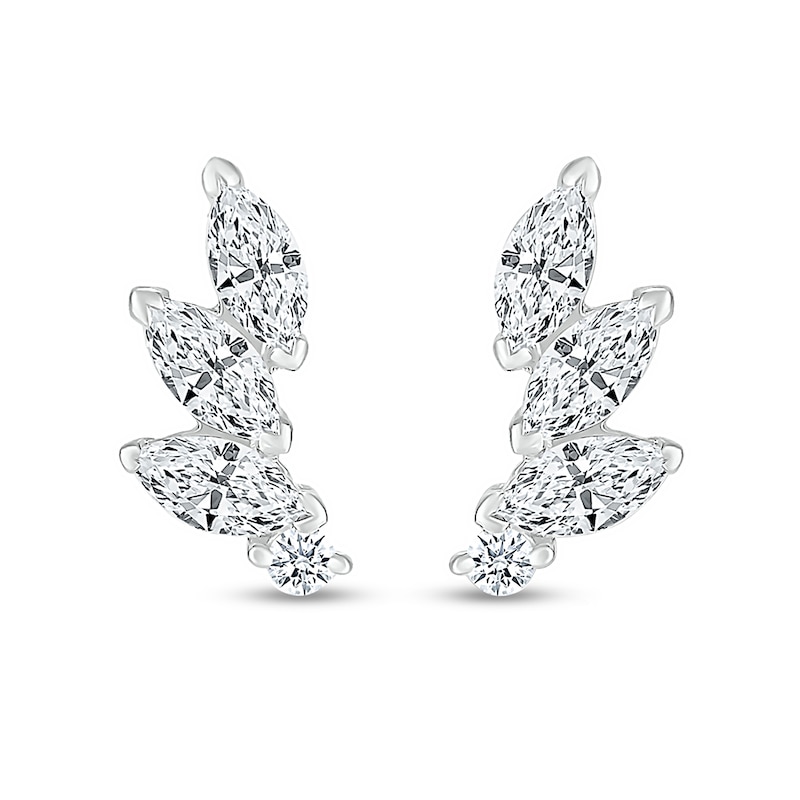 Main Image 3 of Marquise White Lab-Created Sapphire Three Stone Slant Curved Stud Earrings in Sterling Silver